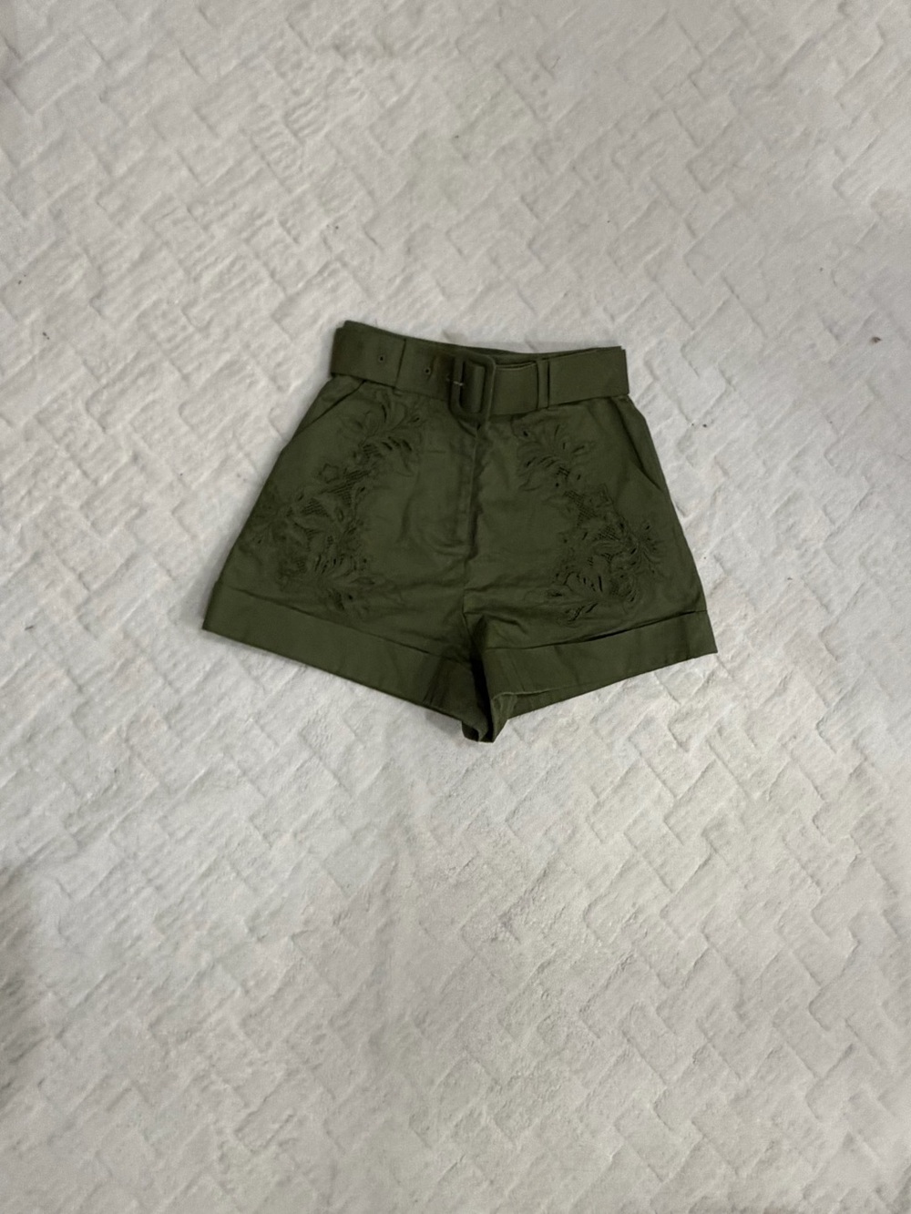 Self-Portrait Olive Green High-Waist Embroidered Belted Shorts